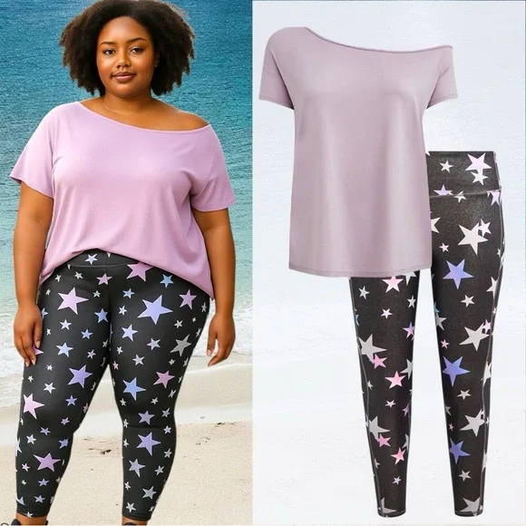 Torrid Active Set: Performance Core Leggings & Purple Off Shoulder Wicking Tee 2 - Picture 1 of 15